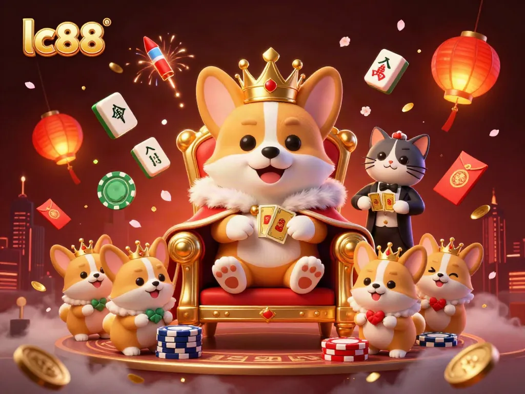 Experience thrilling games at lc88 with a royal corgi and lucky symbols in a vibrant casino scene.
