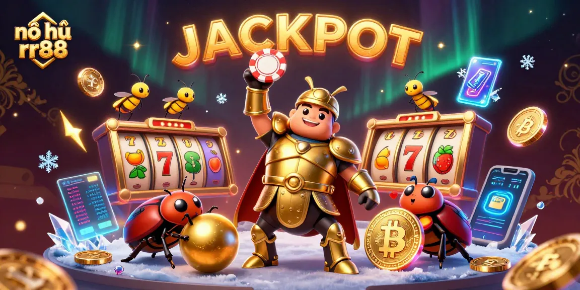 Nổ hũ rr88 captivates players with a vibrant, detailed scene of jackpot celebrations and interactive game elements.