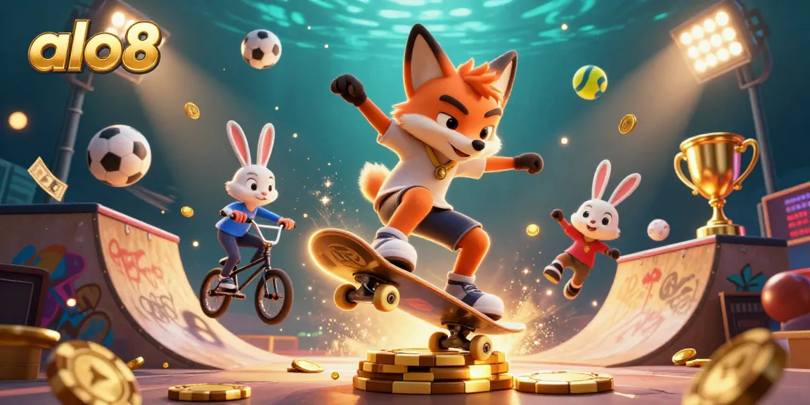 Join the excitement at alo8 casino with a skateboarder fox and BMX-riding rabbit in a vibrant gaming scene.