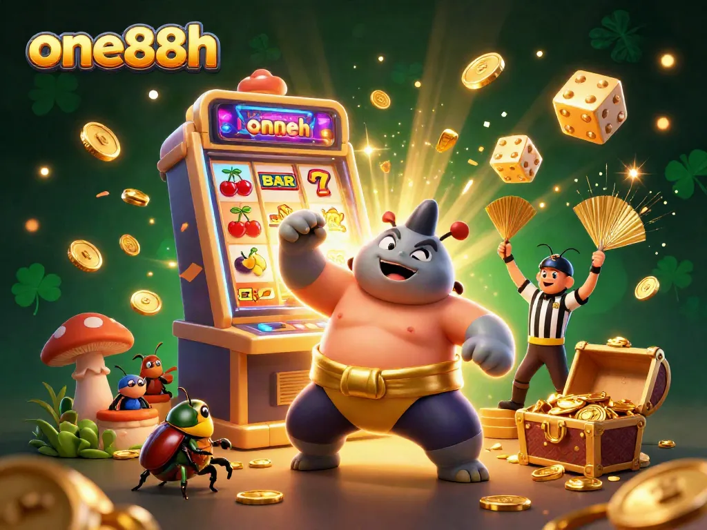 Experience the excitement of one88h with a colorful online casino scene featuring a playful rhinoceros beetle champion, slot machines, and golden coins flying.