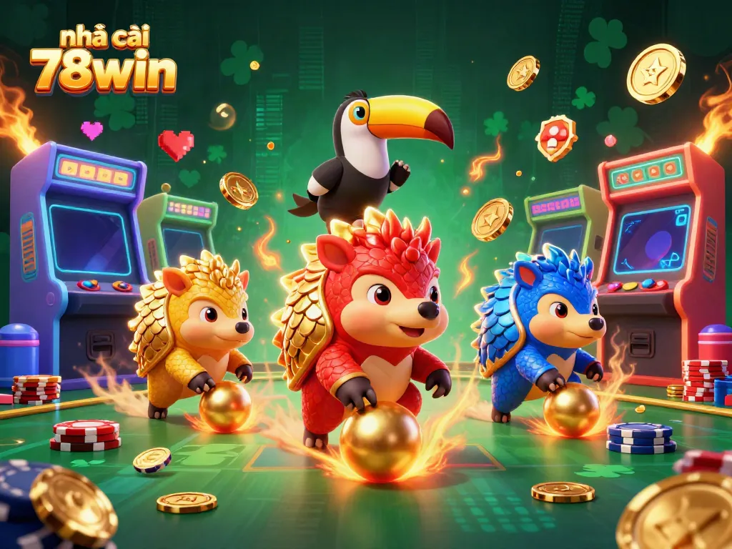 Experience the vibrant world of nhà cái 78win with rival pangolins competing in a colorful casino scene filled with exciting gaming elements.
