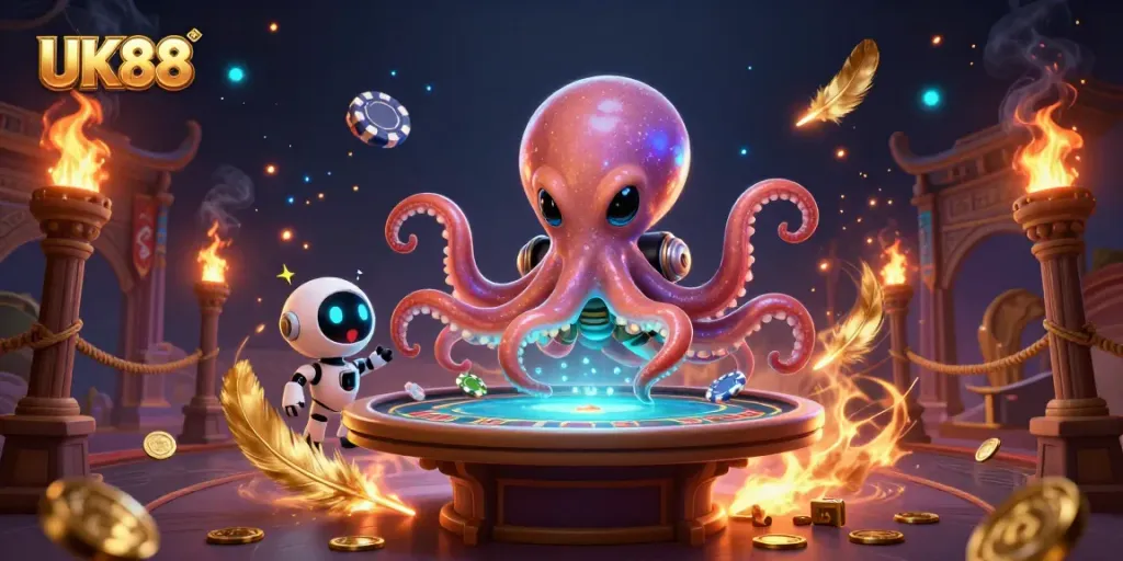 Engage with UK88's vibrant 3D casino scene featuring an alien octopus at a poker table.