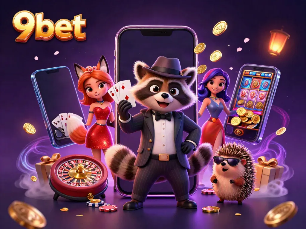 Experience winning action with 9bet at a colorful casino scene featuring a raccoon, fox, and hedgehog.