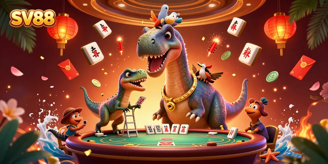 Experience SV88's dynamic casino scene with a brontosaurus, raptor dealer, and festive elements.