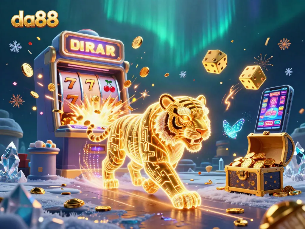 Engage with the thrilling da88 casino experience, featuring a neon tiger amidst dynamic slot machines and dazzling lights.