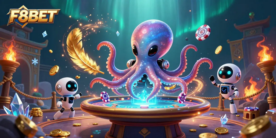 F8BET showcases an alien octopus expertly managing a dynamic poker game amidst swirling casino elements.