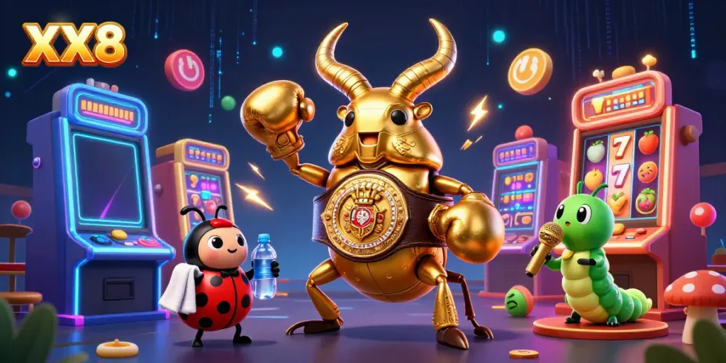 Experience the thrilling XX8 casino showdown with dynamic characters and vibrant slot machines.