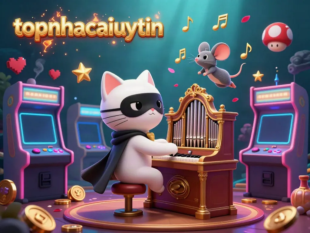 Join topnhacaiuytin's gaming adventure with a whimsical cat and mouse in a vibrant casino!