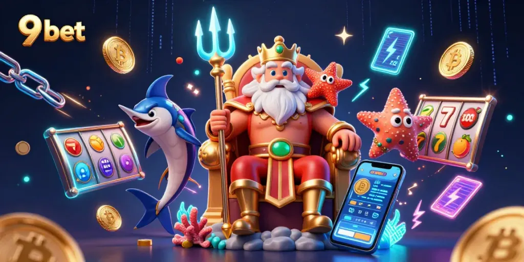 Experience the excitement of 9 bet with sea king Neptune and thrilling elements in a vibrant casino scene.