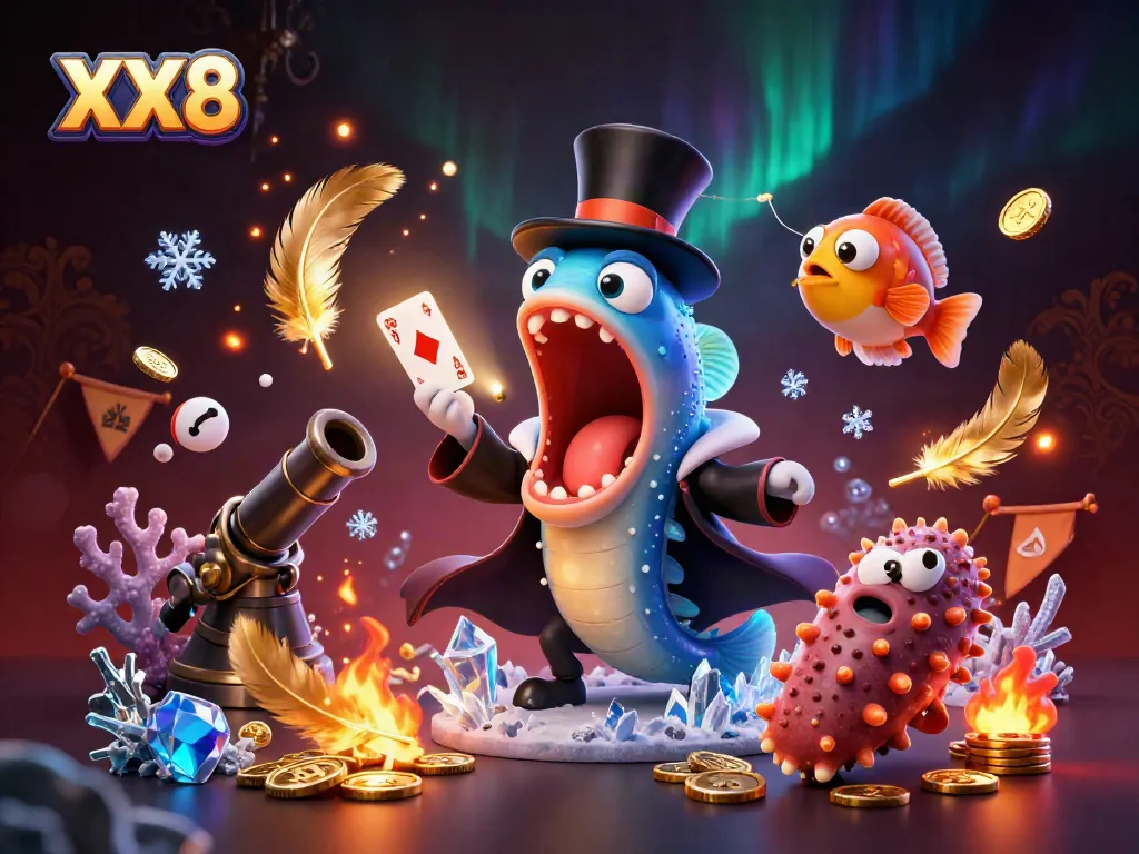 Experience the vibrant XX8 magic with a bioluminescent eel performing card tricks amid a dynamic underwater scene.