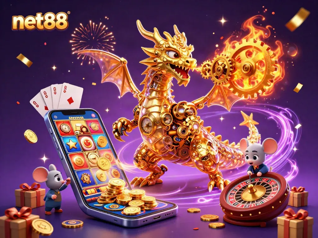 Play games at net88 with a magical scene featuring a golden dragon and exciting slots.