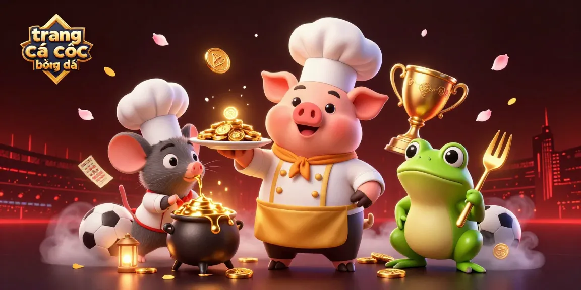Engage in trang cá cược bóng đá with a chef pig showcasing gold coins, alongside a tasting mouse and a critic frog in a vibrant casino scene.