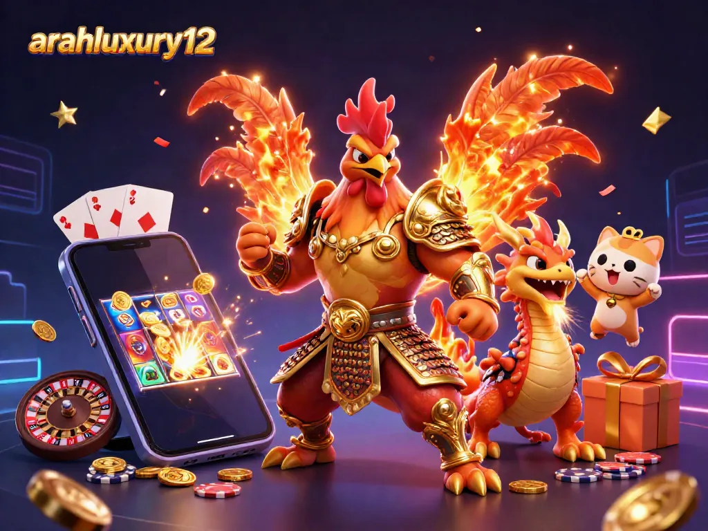 Experience the thrill at arahluxury12 with a vibrant slot game scene featuring a rooster warrior and dragon hatchling.