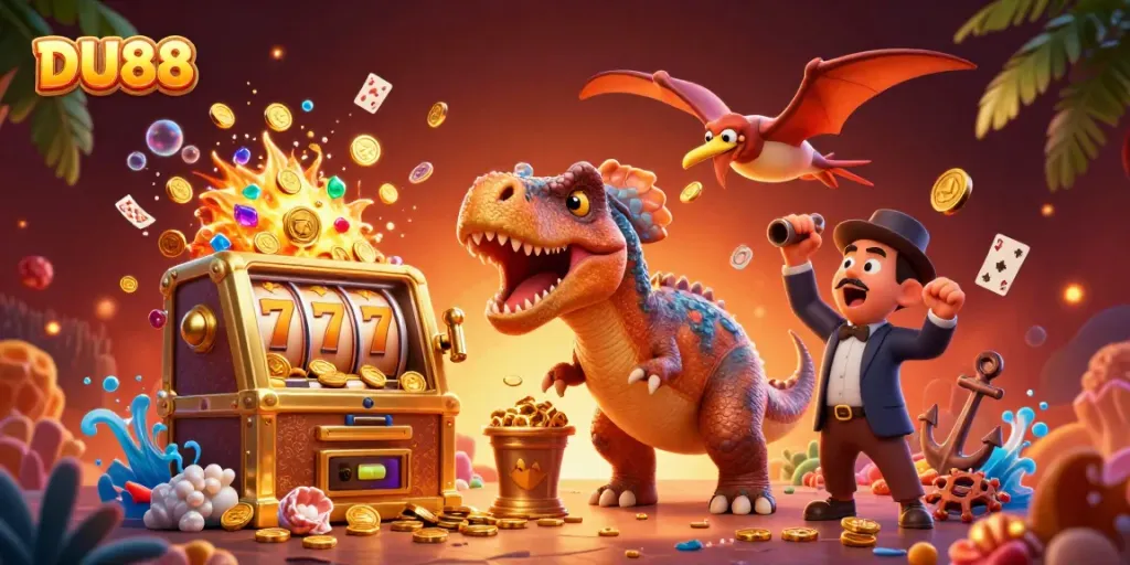 Experience the thrill of DU88 as a pachycephalosaurus hits a jackpot slot machine, captivating the casino atmosphere.