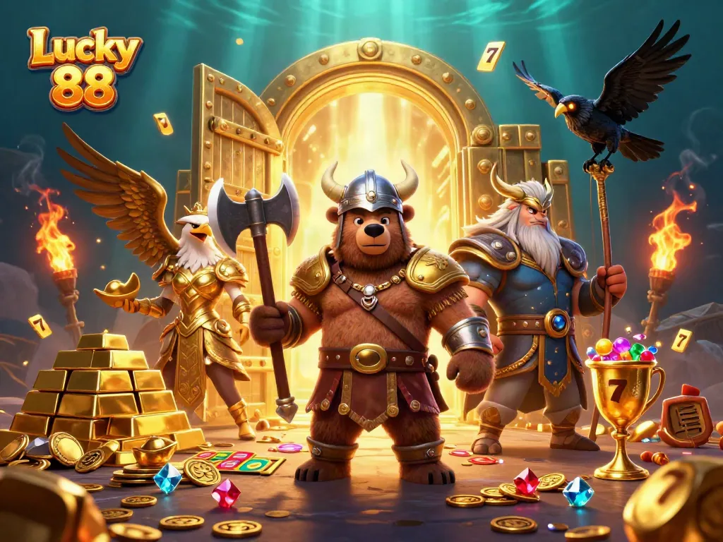Lucky 88 showcases a Viking bear, Valkyrie eagle, and treasure elements in a rich casino scene.