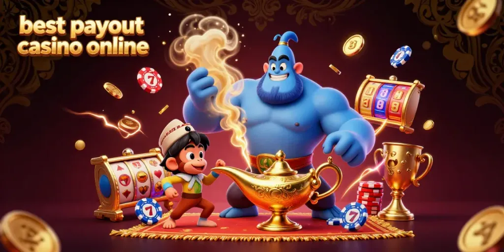 Experience the magic of the best payout casino online with a vibrant 3D genie and dynamic gambling elements.