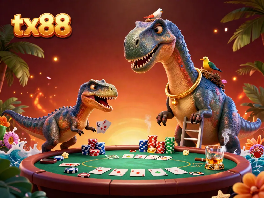 Experience the vibrant tx88 casino scene with a giant brontosaurus and clever raptor dealing cards.