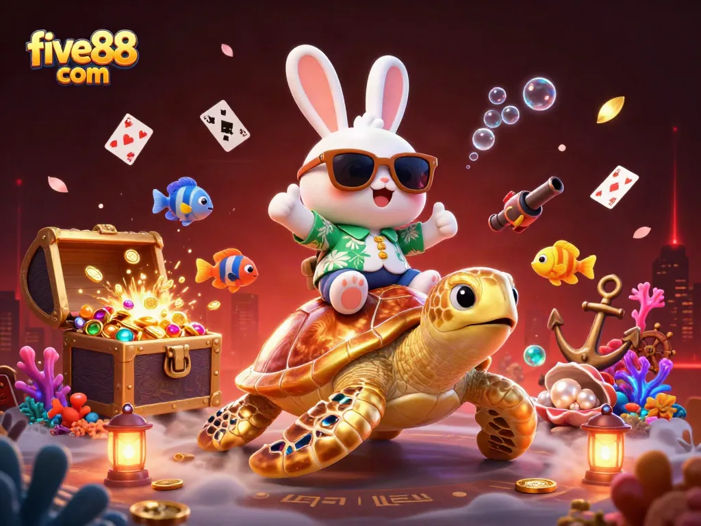 Win big with five88 com at this vibrant 3D casino adventure featuring a lucky rabbit and golden sea turtle.
