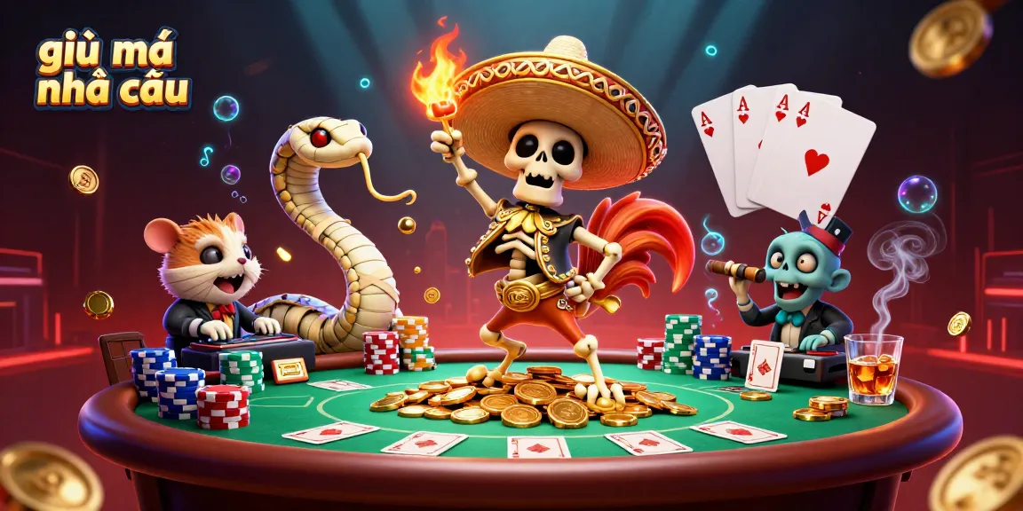Engage with the vibrant scene of giải mã nhà cái showcasing a lively dance of characters amidst shimmering poker chips and game elements.
