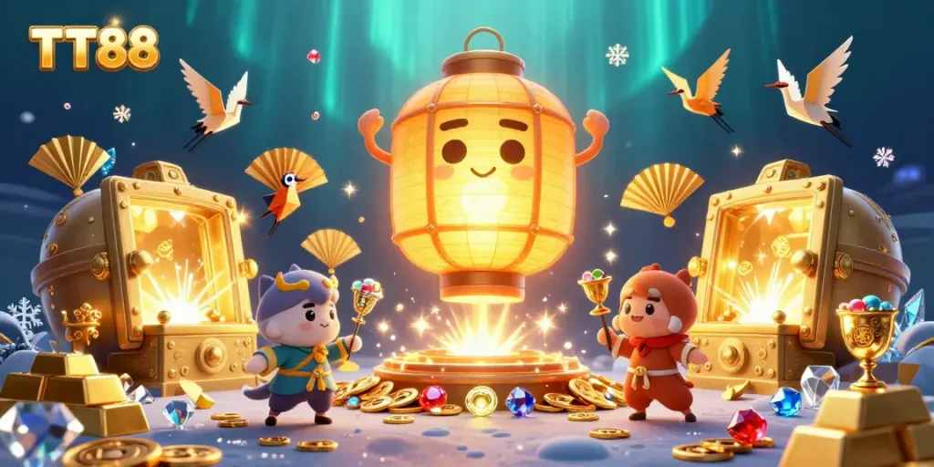 Experience the enchanting allure of TT88's casino world filled with lucky symbols, golden treasures, and vibrant characters.