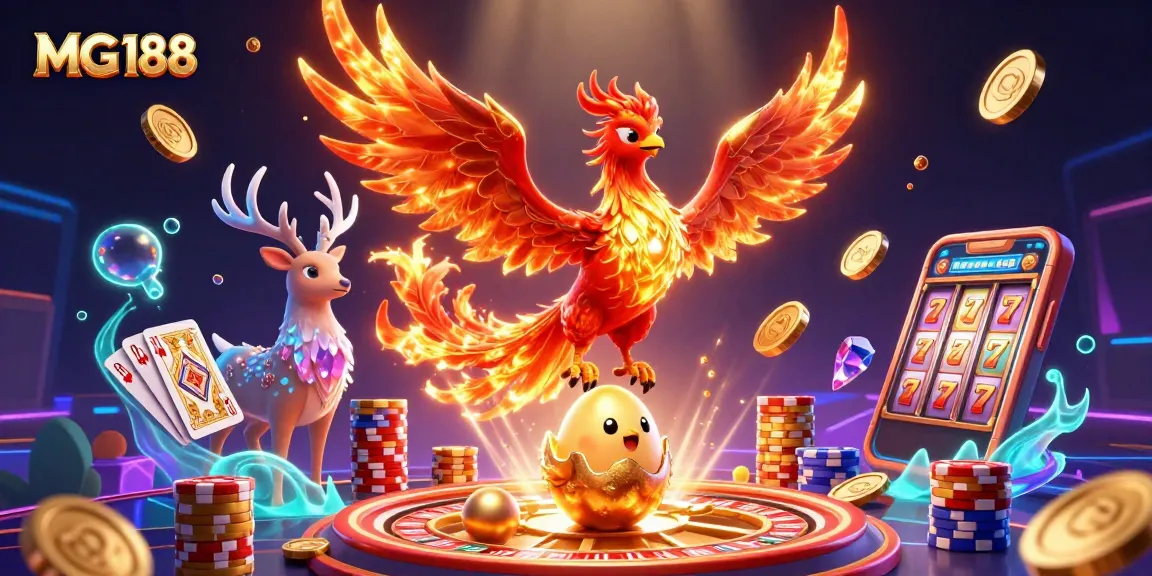 Win big at MG188 with a dynamic scene of a majestic phoenix and rich casino elements.