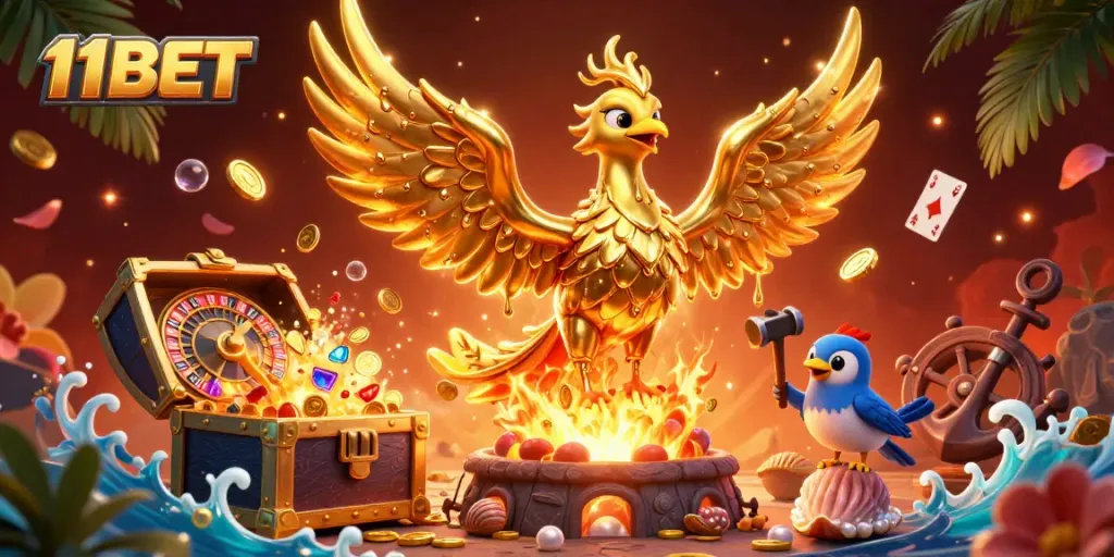 Experience thrilling moments with 11BET's golden phoenix and gaming treasures in a vibrant casino-themed scene.