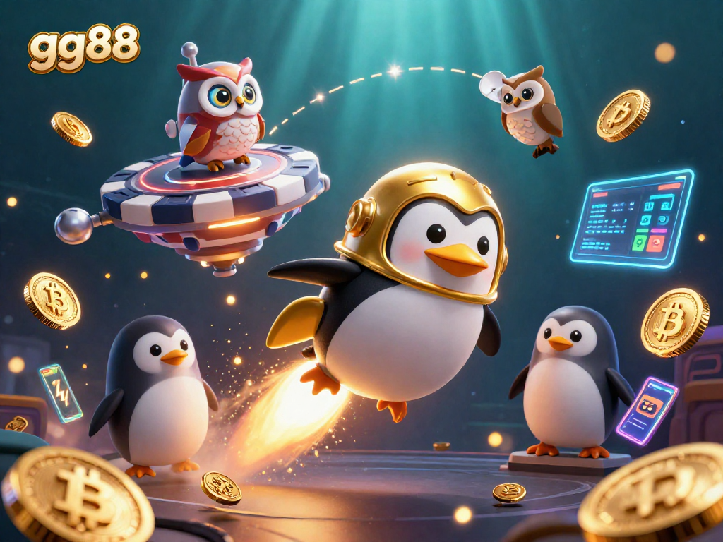 Experience thrilling gameplay at gg88 with a dynamic scene featuring vibrant 3D characters and crypto elements.