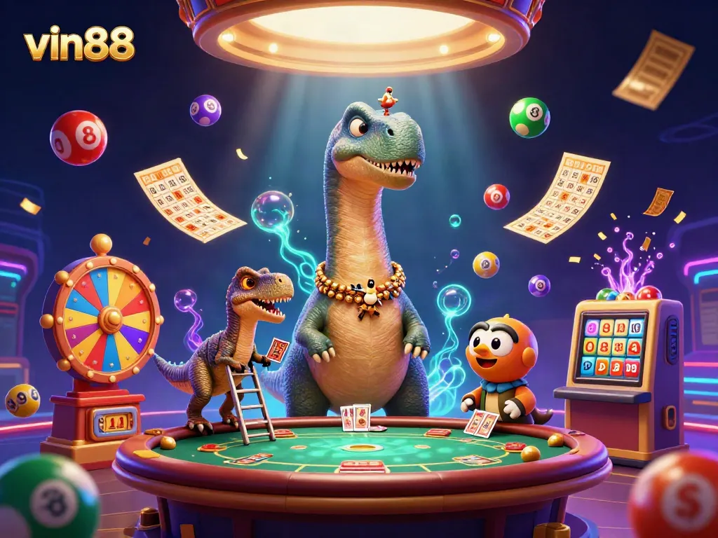 Experience the excitement of vin88 as a giant brontosaurus looms over a lively casino game scene.