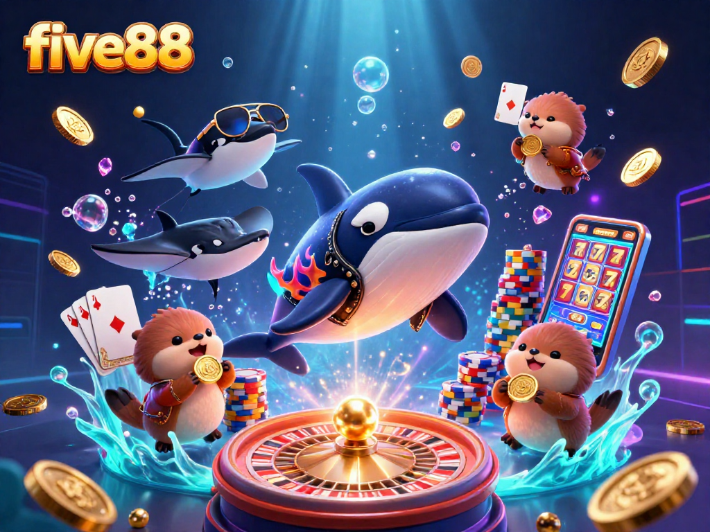 Experience thrilling gameplay at five88 with cartoon characters amidst sparkling casino elements.