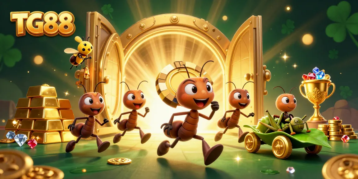 Join the excitement at TG88 with ants stealing a giant poker chip amidst a treasure-filled casino world.