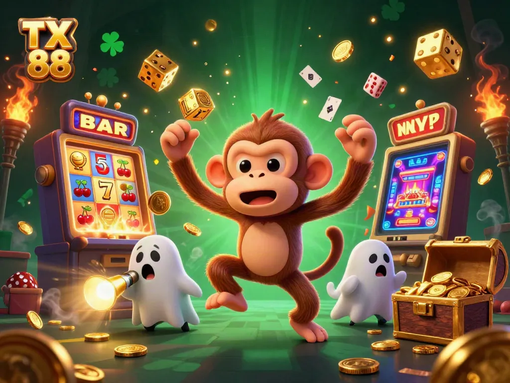 Experience thrilling gameplay with TX 88 in a dynamic illustrated casino scene featuring a poltergeist monkey and ghost-hunter puppy.