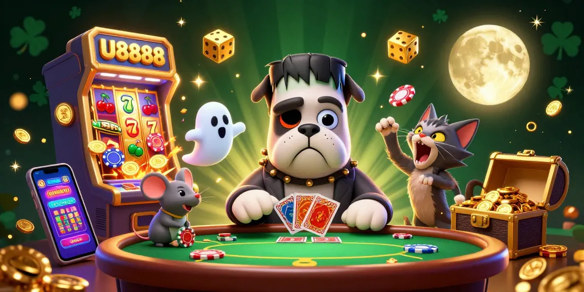 Engage with U8888 as a cartoon Frankenstein bulldog deals cards, surrounded by jackpots and casino symbols.