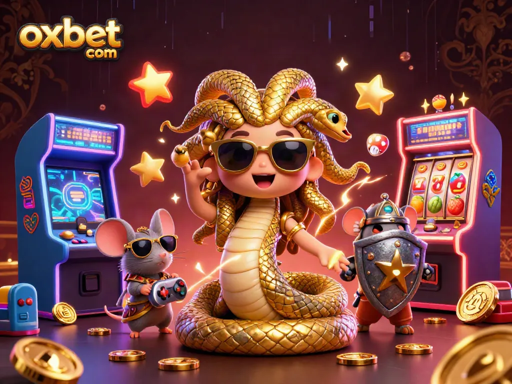 Play at oxbet com with a captivating scene featuring Medusa and a warrior mouse amidst vibrant casino elements.