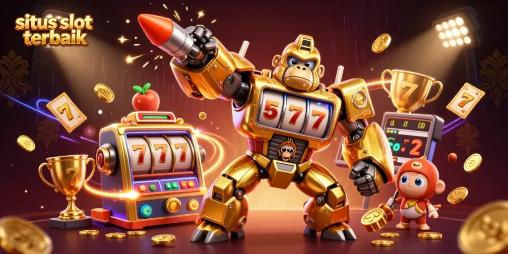 Experience the excitement of situs slot terbaik with a dynamic golden gorilla mech and casino elements.