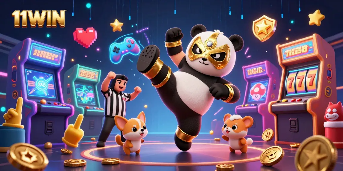 Experience thrilling gameplay with 11WIN featuring a flying panda wrestler and lively casino elements.