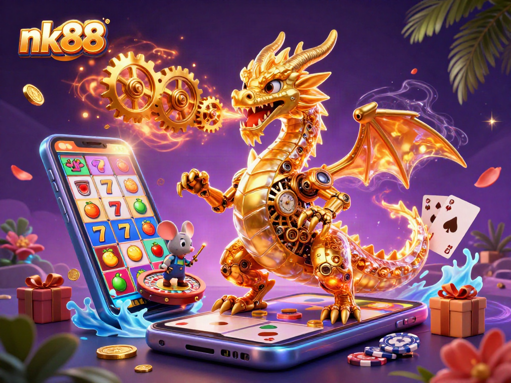 Experience exciting jackpots and gaming adventures at nk88 with immersive 3D visuals of casino elements.