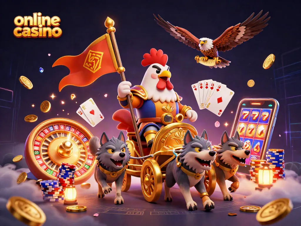 Play exciting online casino games amidst golden coins and vibrant visuals, showcasing thrilling action.
