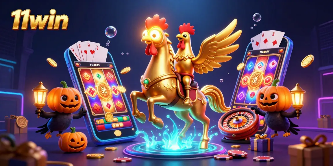 Experience thrilling gaming at 11win with a golden rooster amidst vibrant casino action.