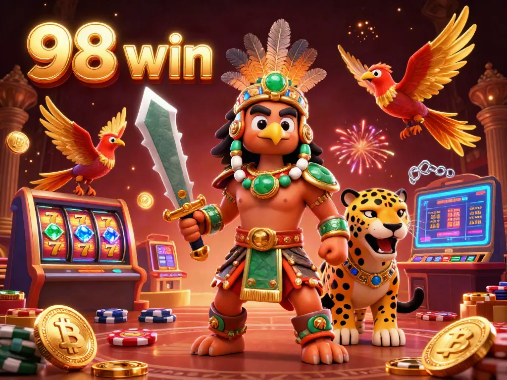 Experience the thrill of winning with 98 win in this vibrant 3D casino illustration, showcasing exciting gaming elements.