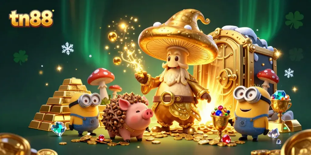 Experience tn88's magical world of treasure with a golden mushroom wizard and his friends