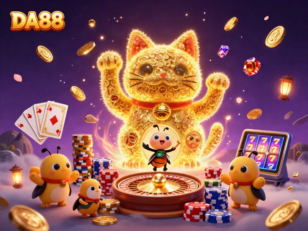 Bet on DA88 with a vibrant 3D illustration showcasing a lucky cat and casino elements.