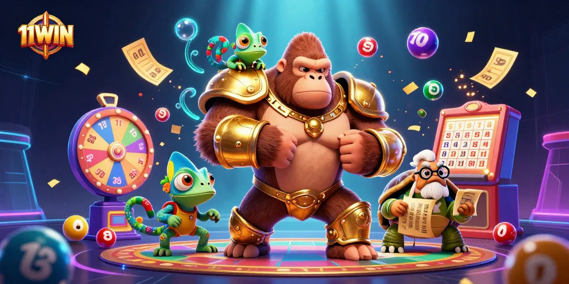 Experience the excitement of 11WIN with animated colorful lottery elements and engaging characters.