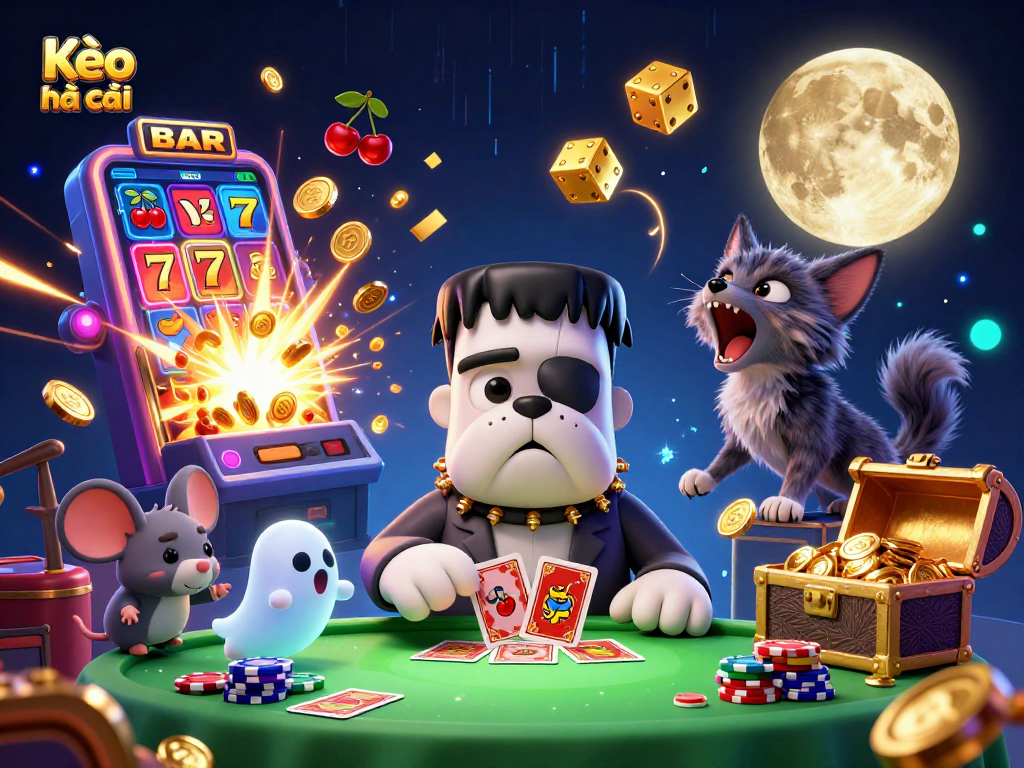 Kèo nhà cái showcases a lively gaming scene with whimsical characters and captivating casino elements