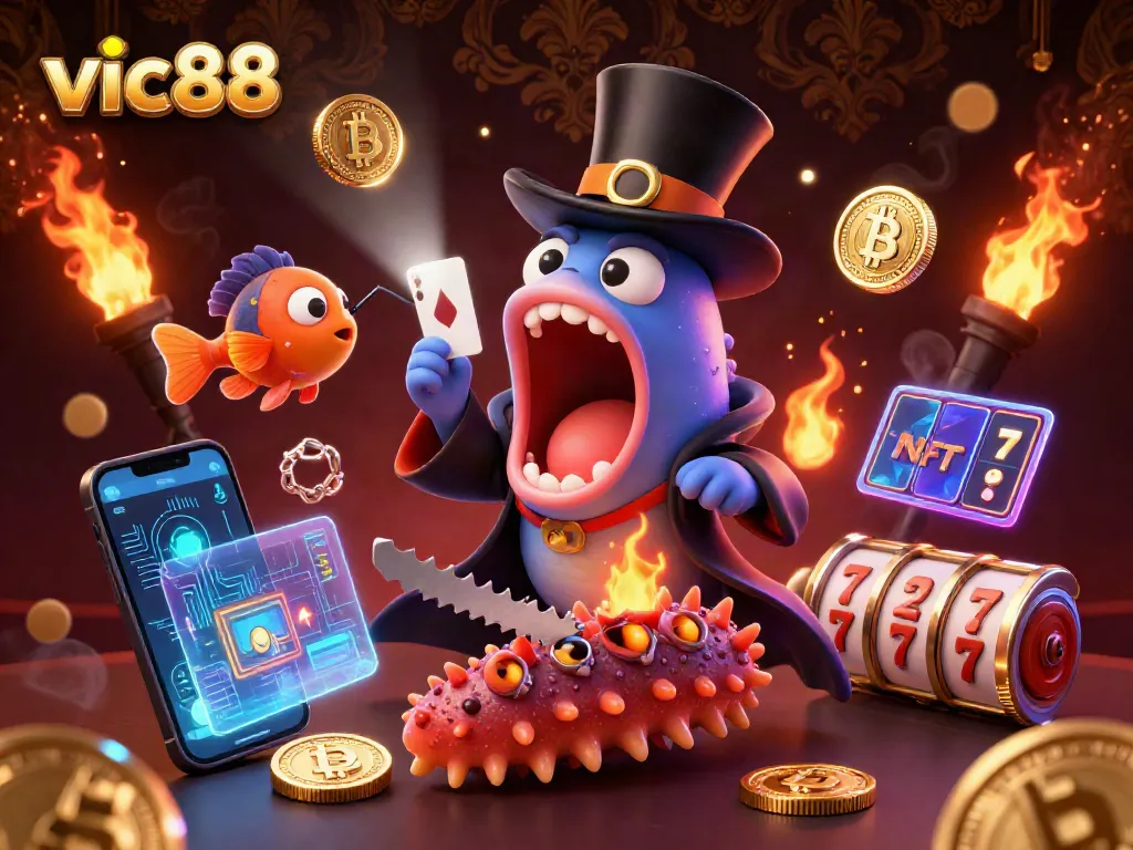 Experience exciting action with vic88 as a 3D cartoon eel performs card tricks in a pirate-themed casino scene.