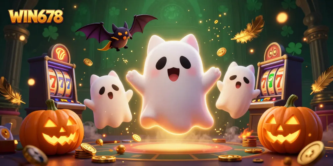 Play exciting slots at WIN678 with a ghost cat and vampire bat in this vibrant casino scene.