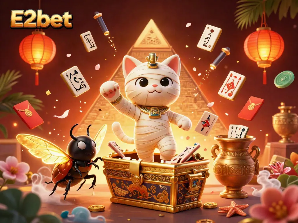E2bet offers an exciting casino experience with a 3D Egyptian mummy cat bursting from a sarcophagus surrounded by gaming elements.