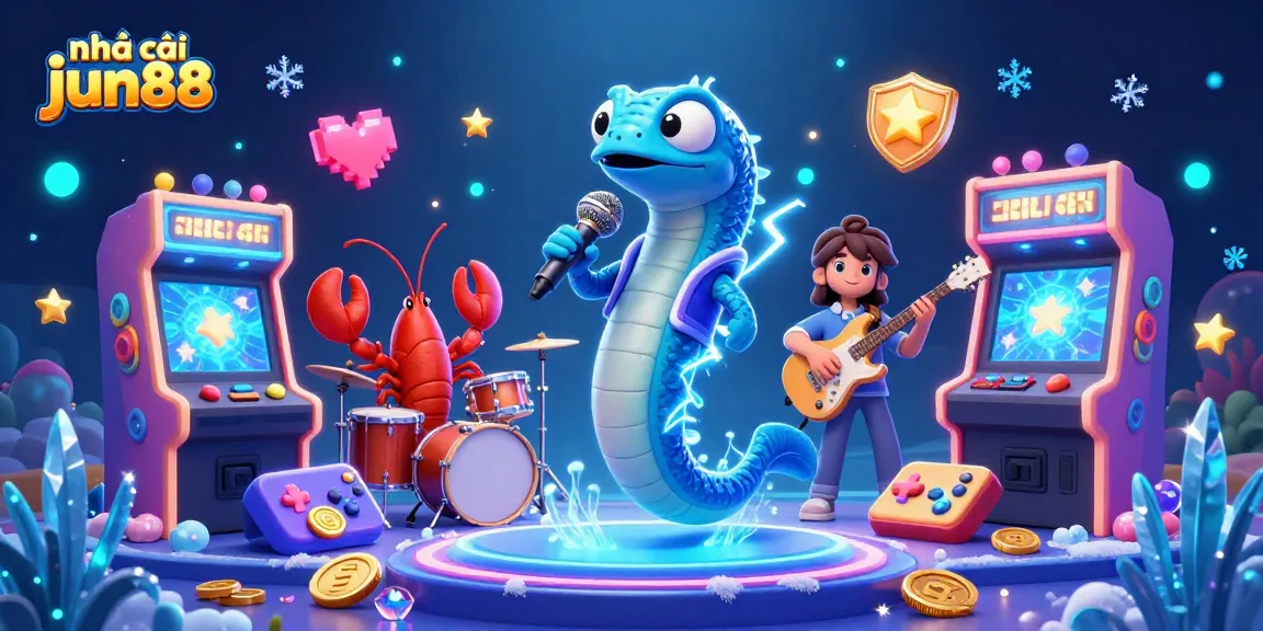Experience the vibrant underwater ambiance at nhà cái jun88's animated casino stage featuring a DJ electric eel.