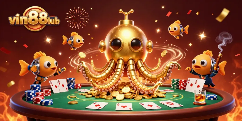 Engage in thrilling gameplay with vin88club featuring poker elements amidst a sea of golden coins.