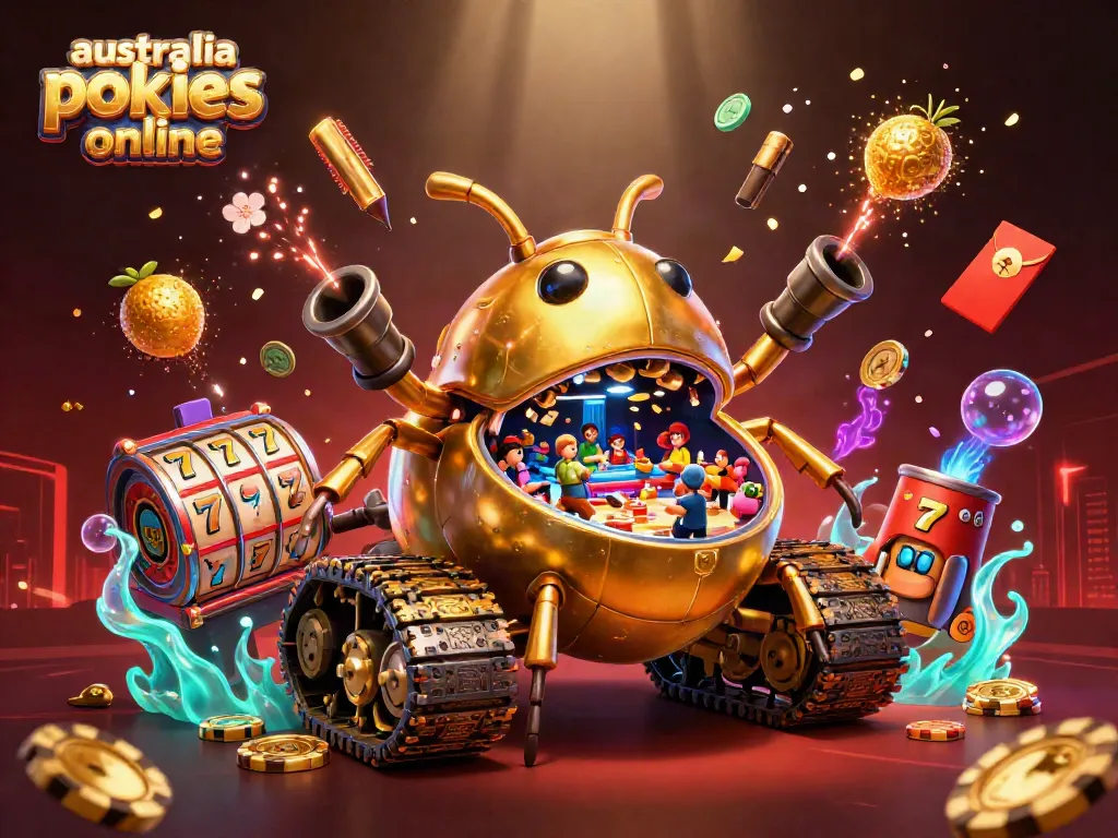 Play exciting australia pokies online in this vibrant 3D casino scene featuring gold and colors.