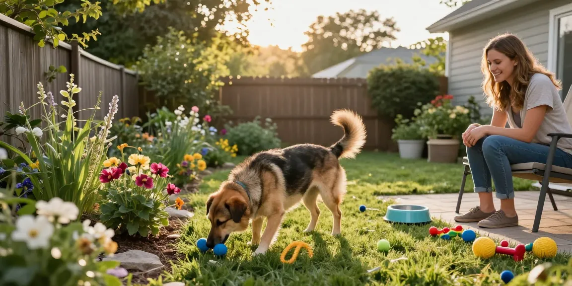 The 3-3-3 rule for rescue dogs illustrated with a dog exploring a yard, highlighting adjustment and comfort.